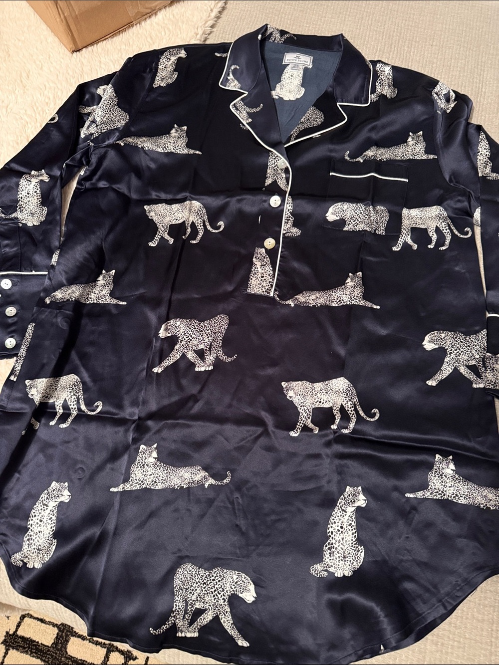 Petite Plume New Silk Nightshirt Panthere de Nuit - Size L panther navy blue